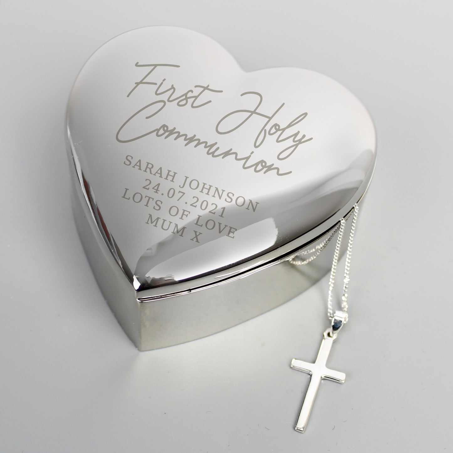 Personalised First Holy Communion Heart Trinket Box & Cross Necklace Set