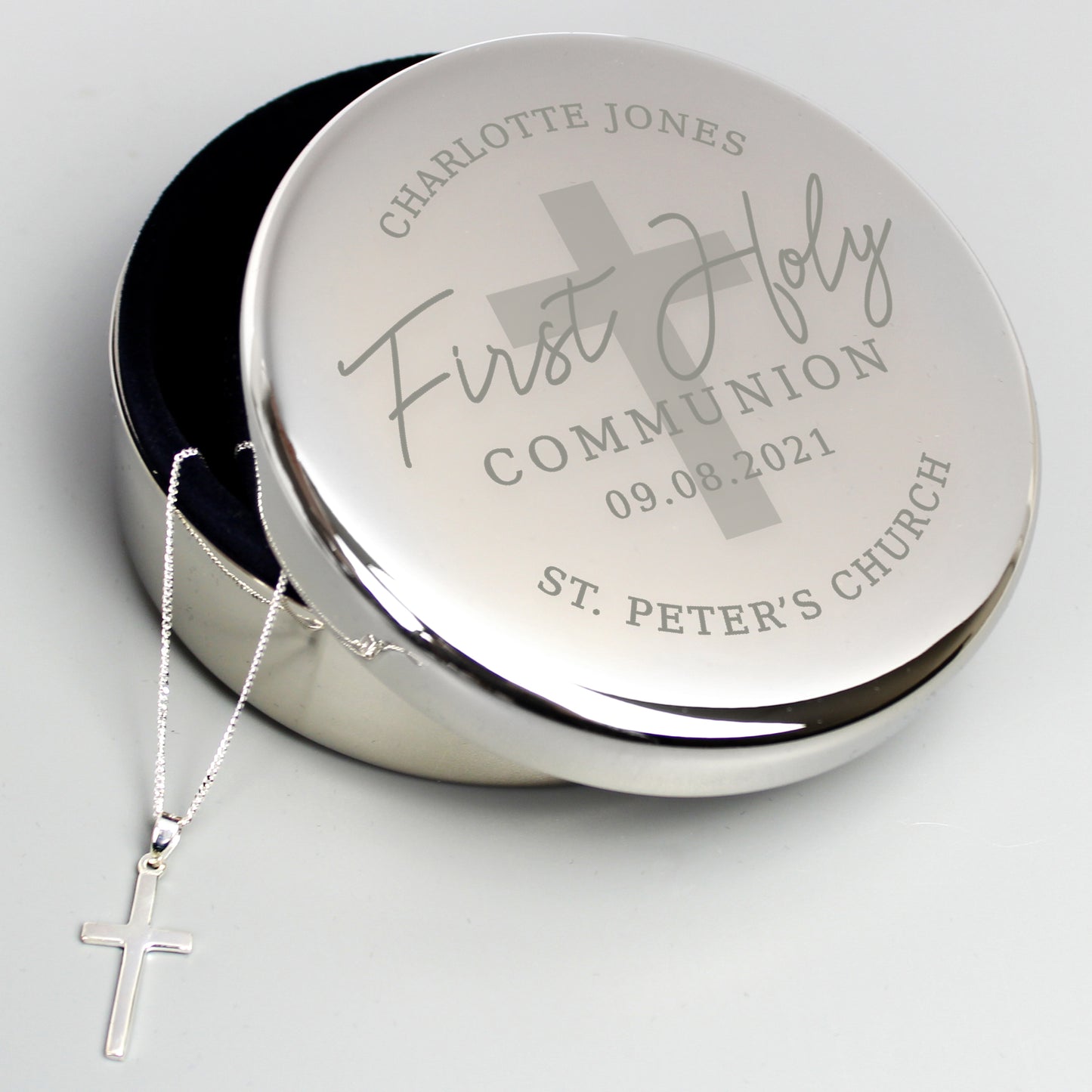 Personalised First Holy Communion Round Trinket Box & Cross Necklace Set