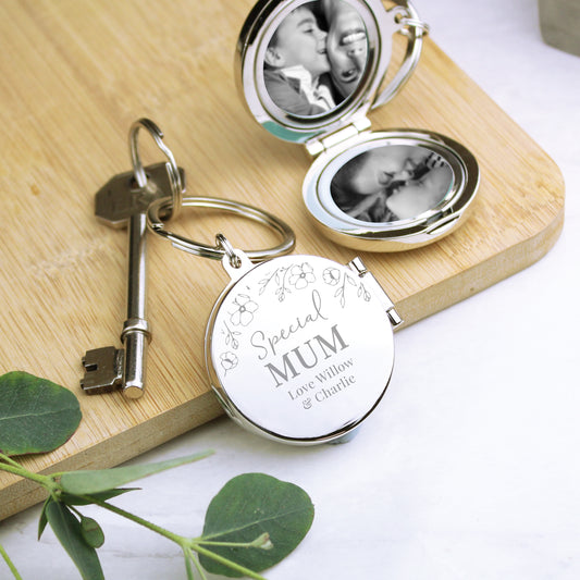 Personalised Floral Round Photo Frame Keyring