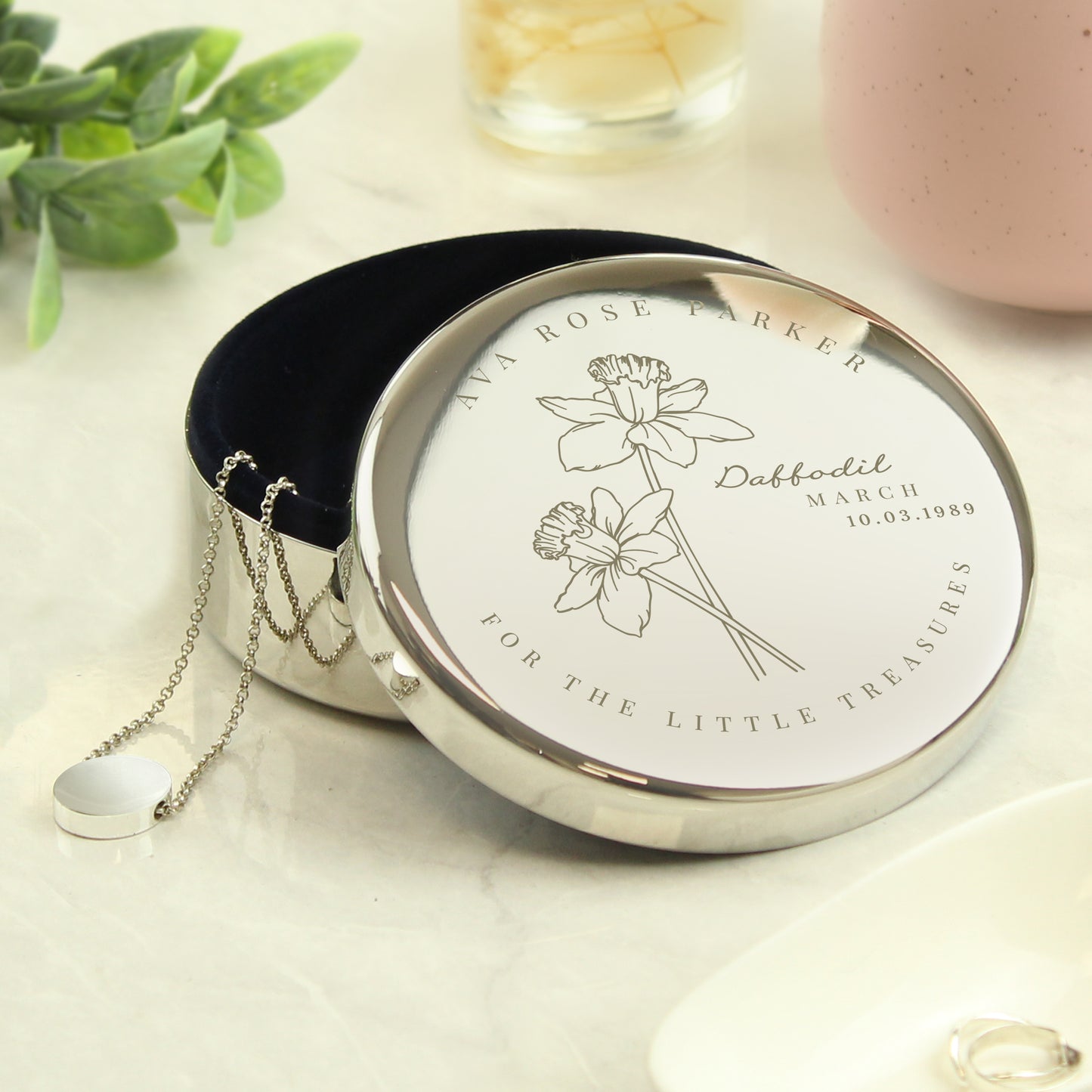 Personalised March Birth Flower Round Trinket Box