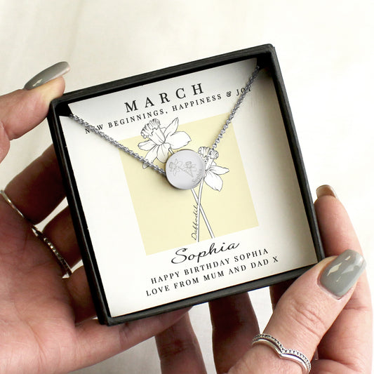 Personalised March Birth Flower Necklace and Box