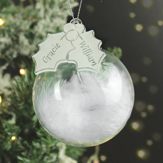 Personalised Holly Acrylic White Feather Bauble