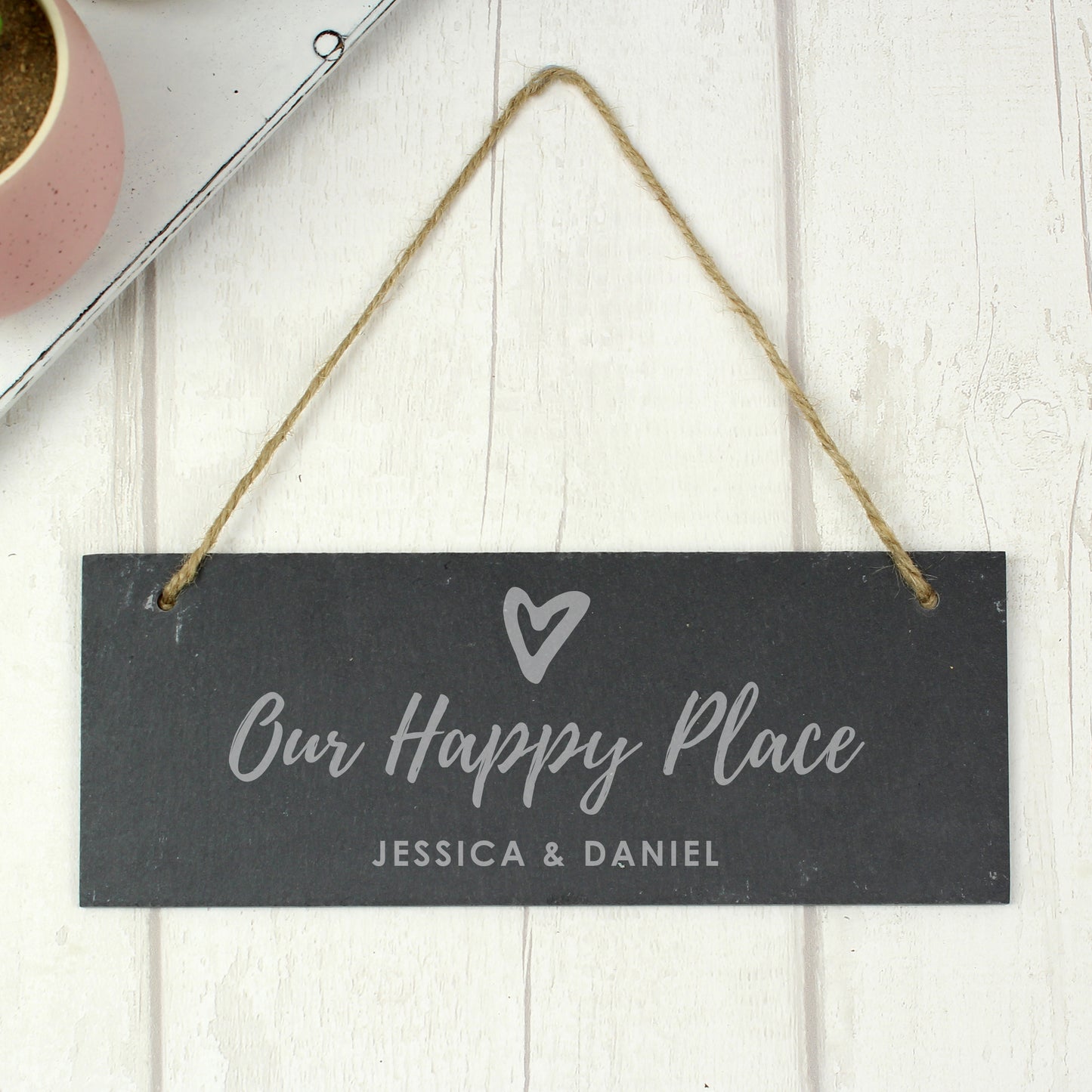 Personalised Our Happy Place Hanging Slate Plaque