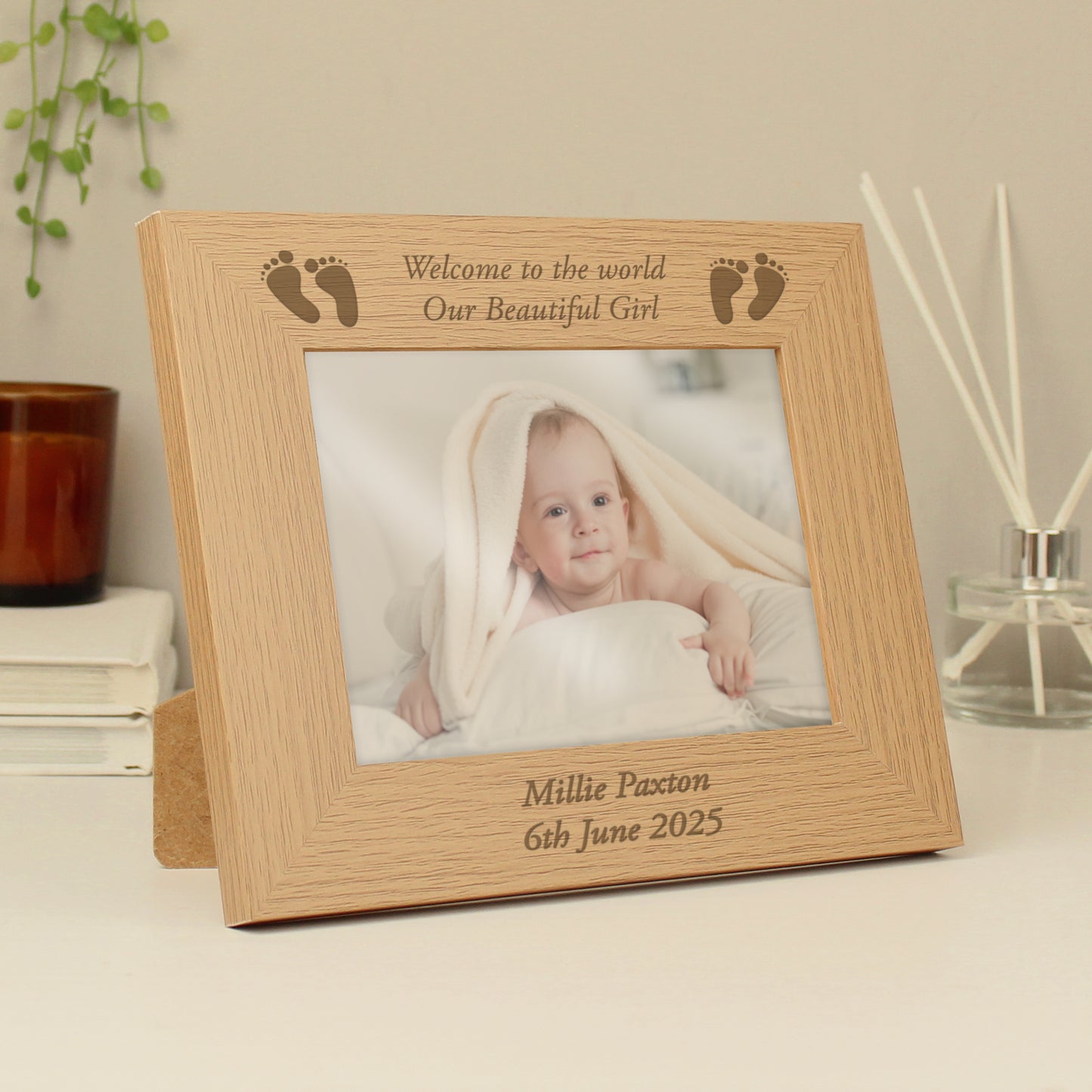 Personalised Baby Feet 5x7 Landscape Oak Finish Photo Frame