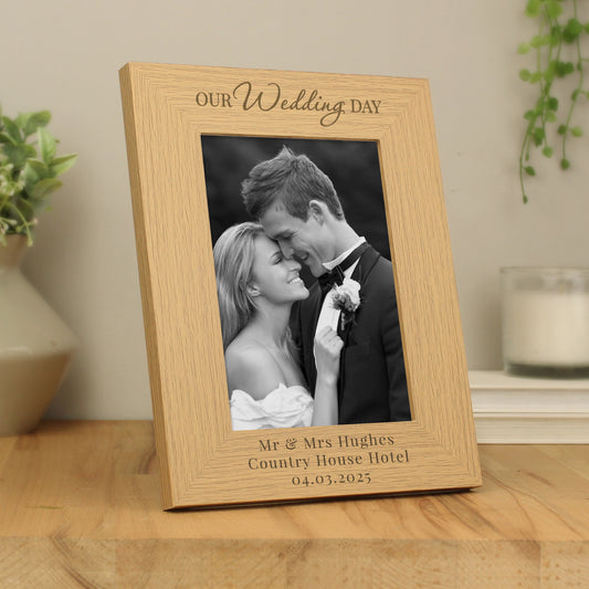 Personalised 'Our Wedding Day' 5x7 Oak Finish Photo Frame