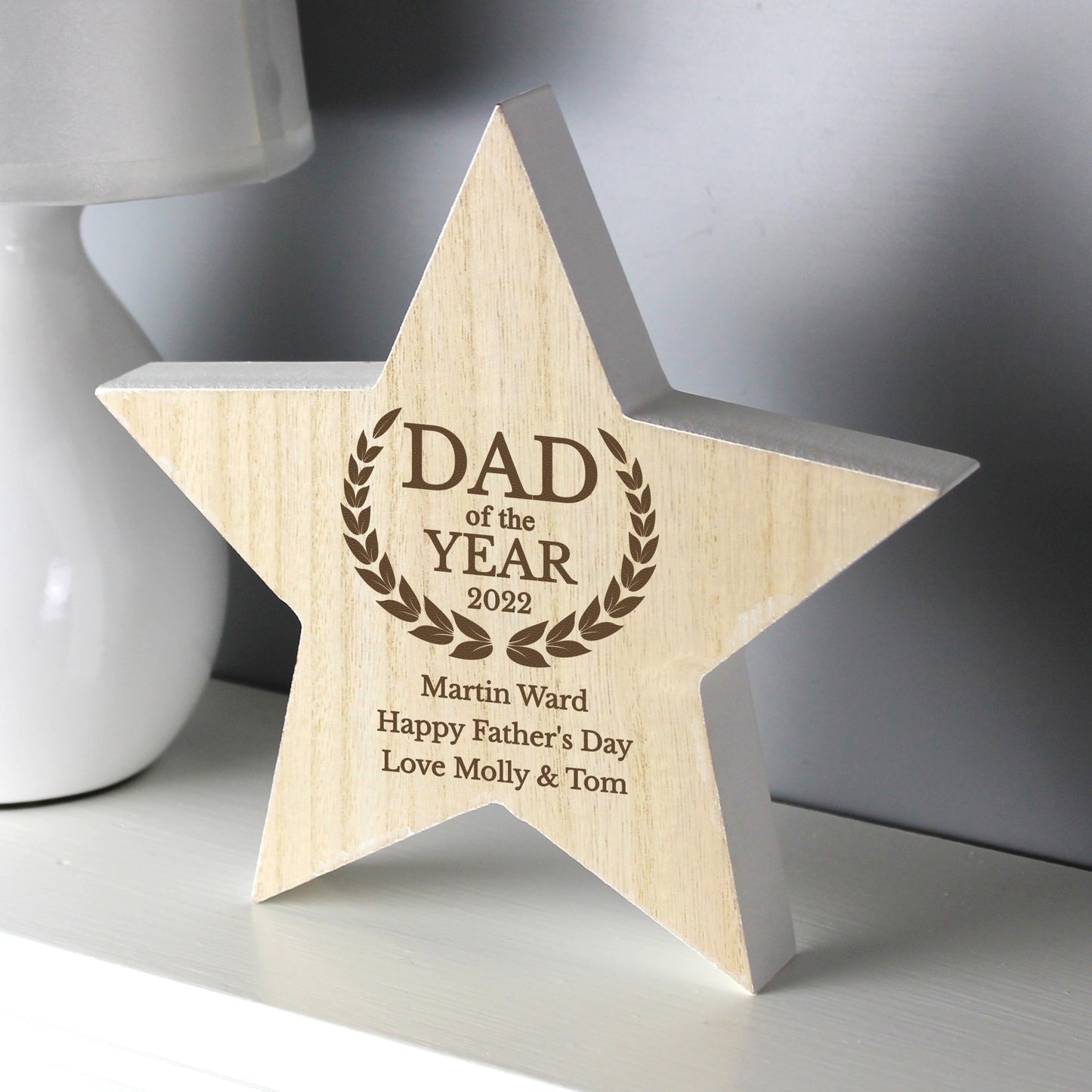 Personalised Dad of the Year Rustic Wooden Star Decoration