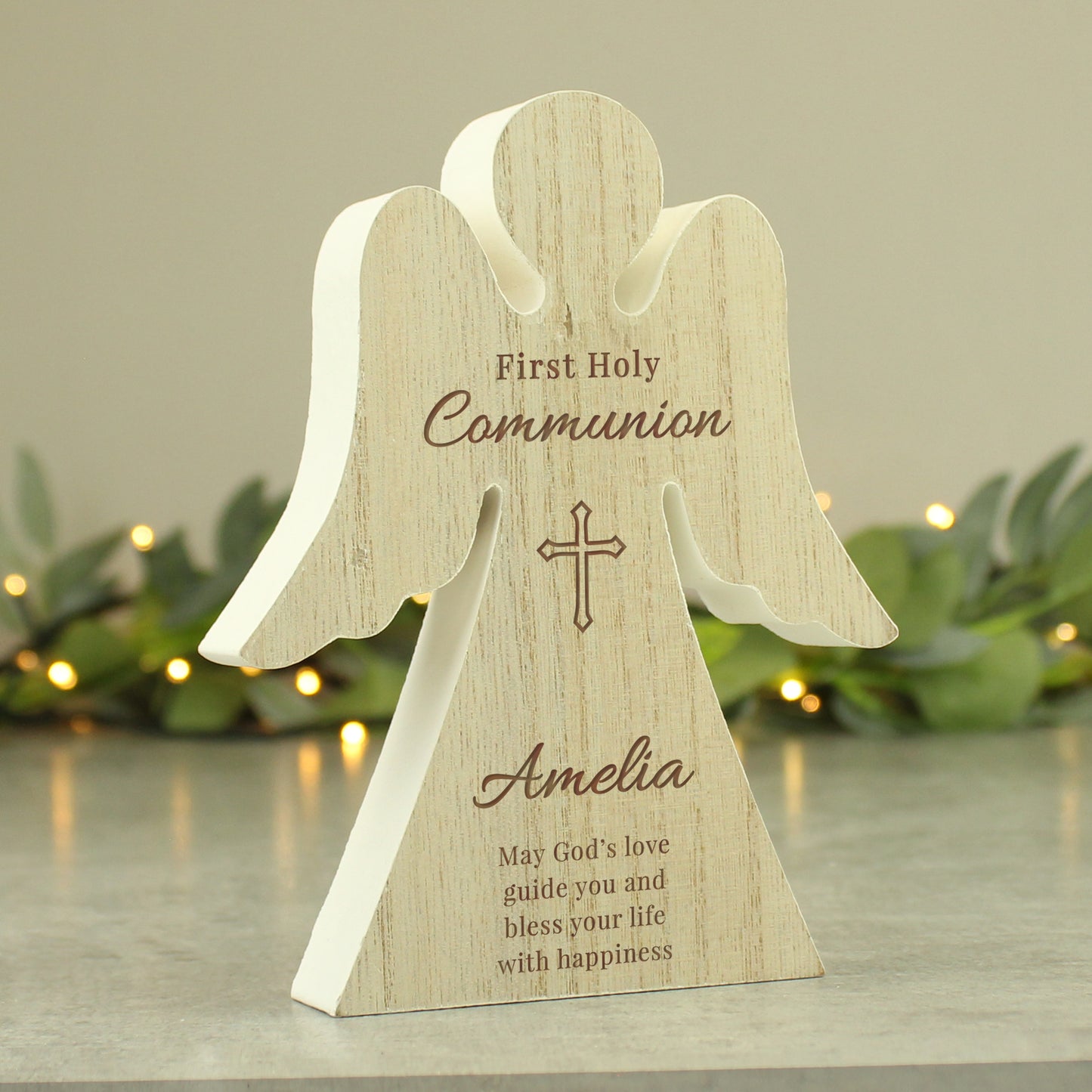 Personalised First Holy Communion Rustic Wooden Angel Decoration