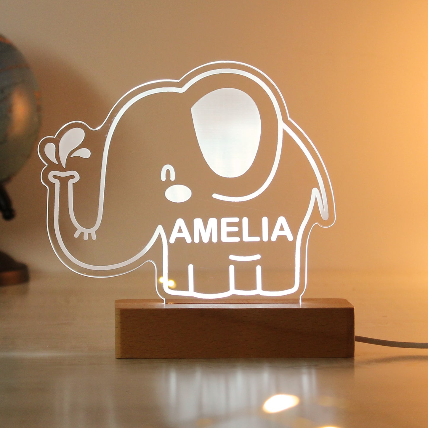 Personalised Elephant Wooden Based LED Light