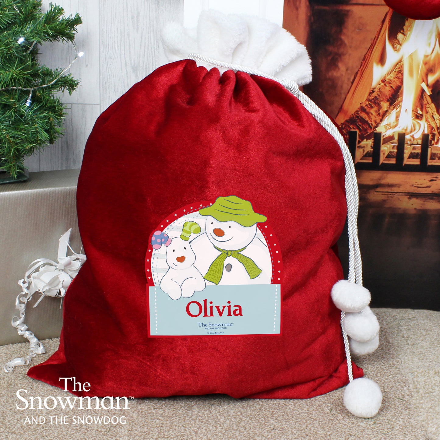 Personalised The Snowman and the Snowdog Luxury Pom Pom Sack