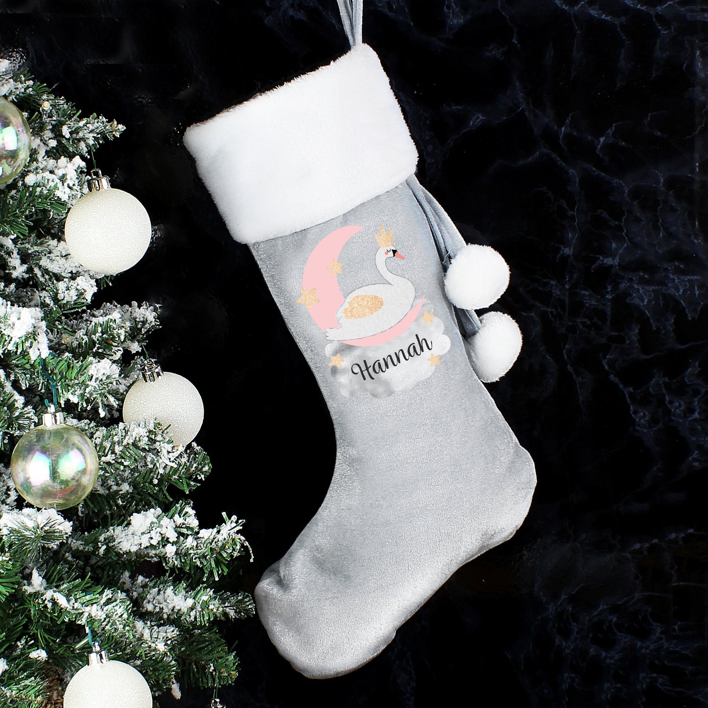 Personalised Swan Lake Luxury Silver Grey Stocking