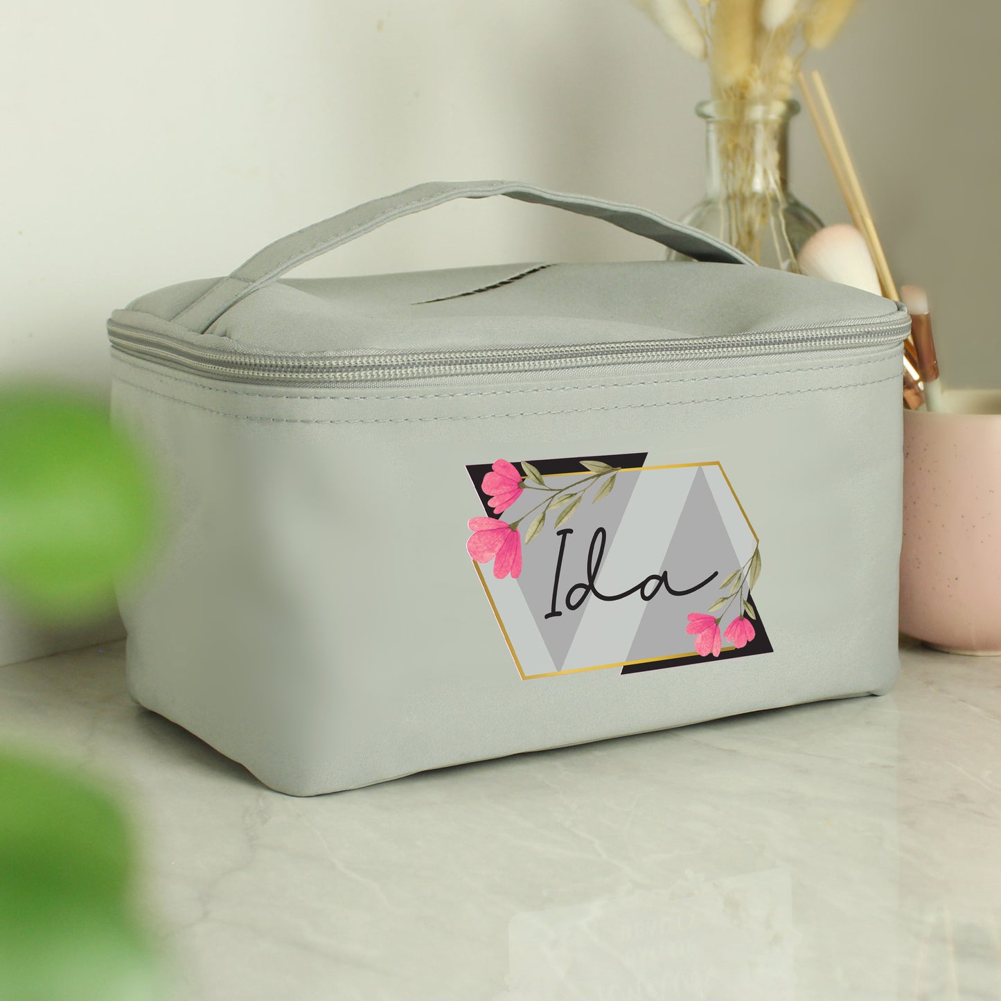 Personalised Floral Grey Toiletry Bag