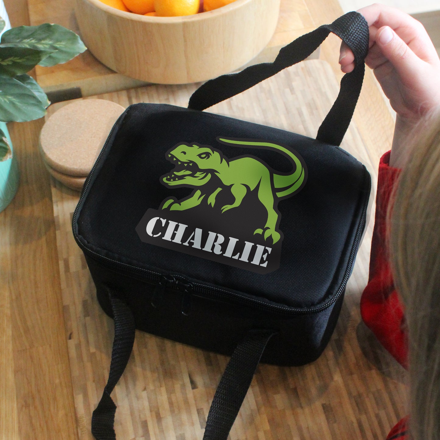 Personalised Dinosaur Black Lunch Bag