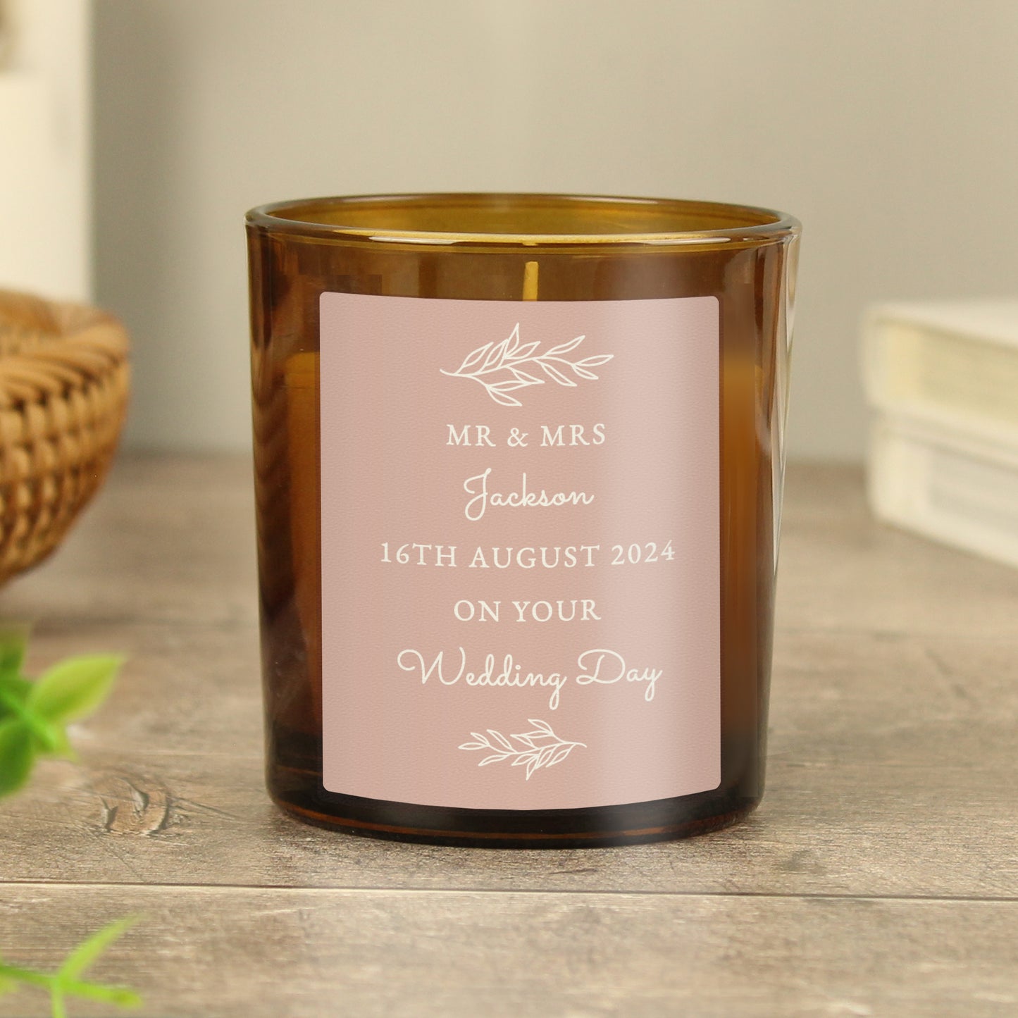 Personalised Pink Label Amber Glass Candle