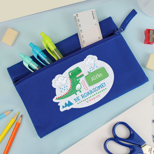 Personalised 'Be Roarsome' Dinosaur Blue Pencil Case