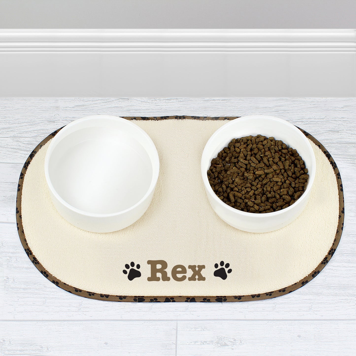 Personalised Brown Microfibre Paw Print Pet Bowl Mat