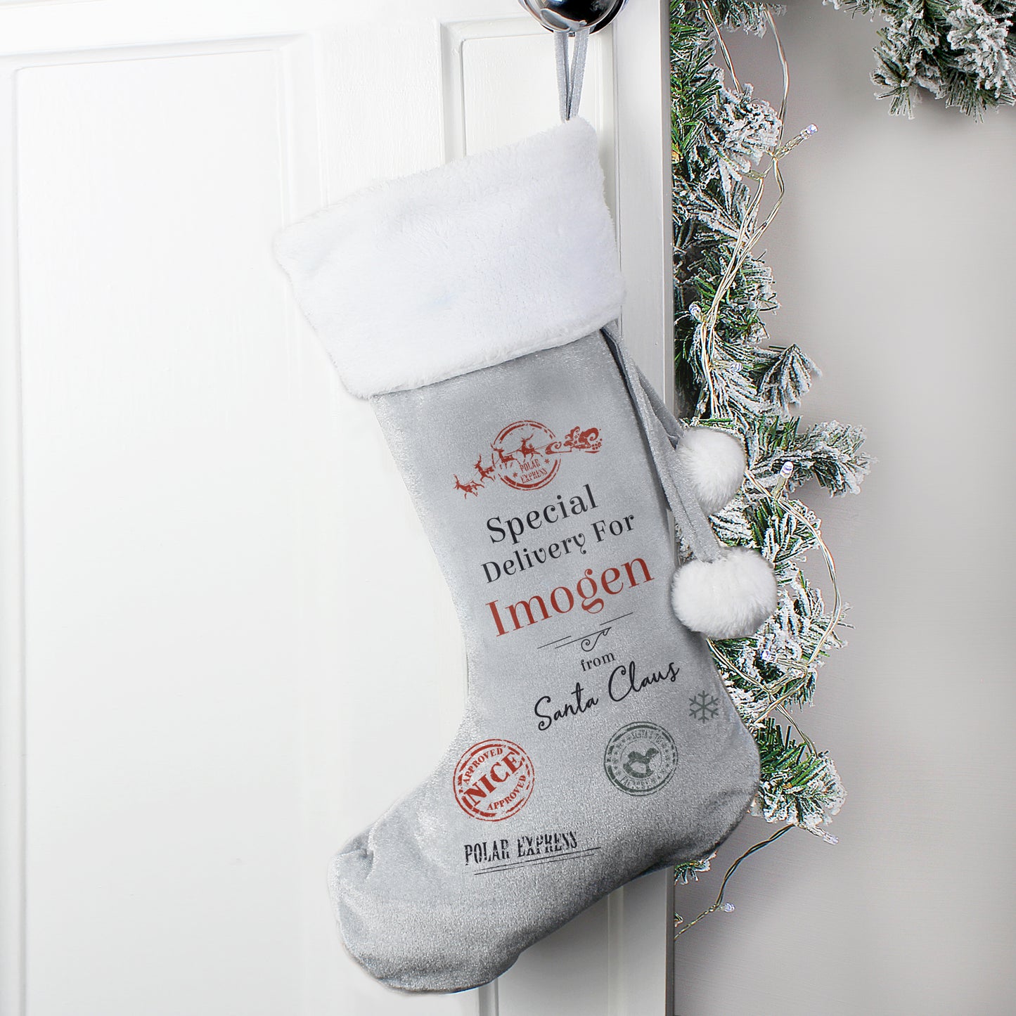 Personalised Special Delivery Silver Grey Stocking