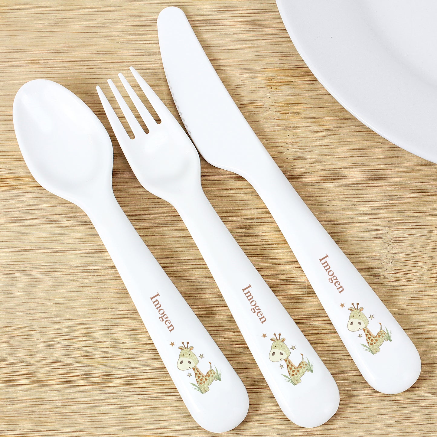 Personalised Hessian Giraffe 3 Piece Plastic Cutlery Set