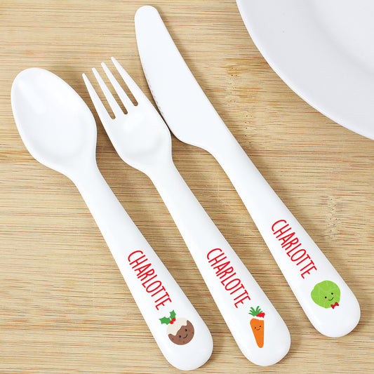 Personalised 'First Christmas Dinner' 3 Piece Plastic Cutlery Set