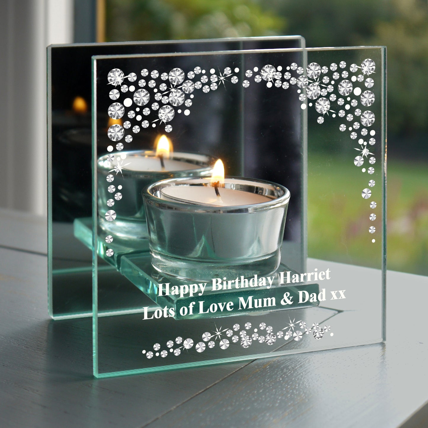 Personalised Diamante Effect Mirrored Glass Tea Light Candle Holder