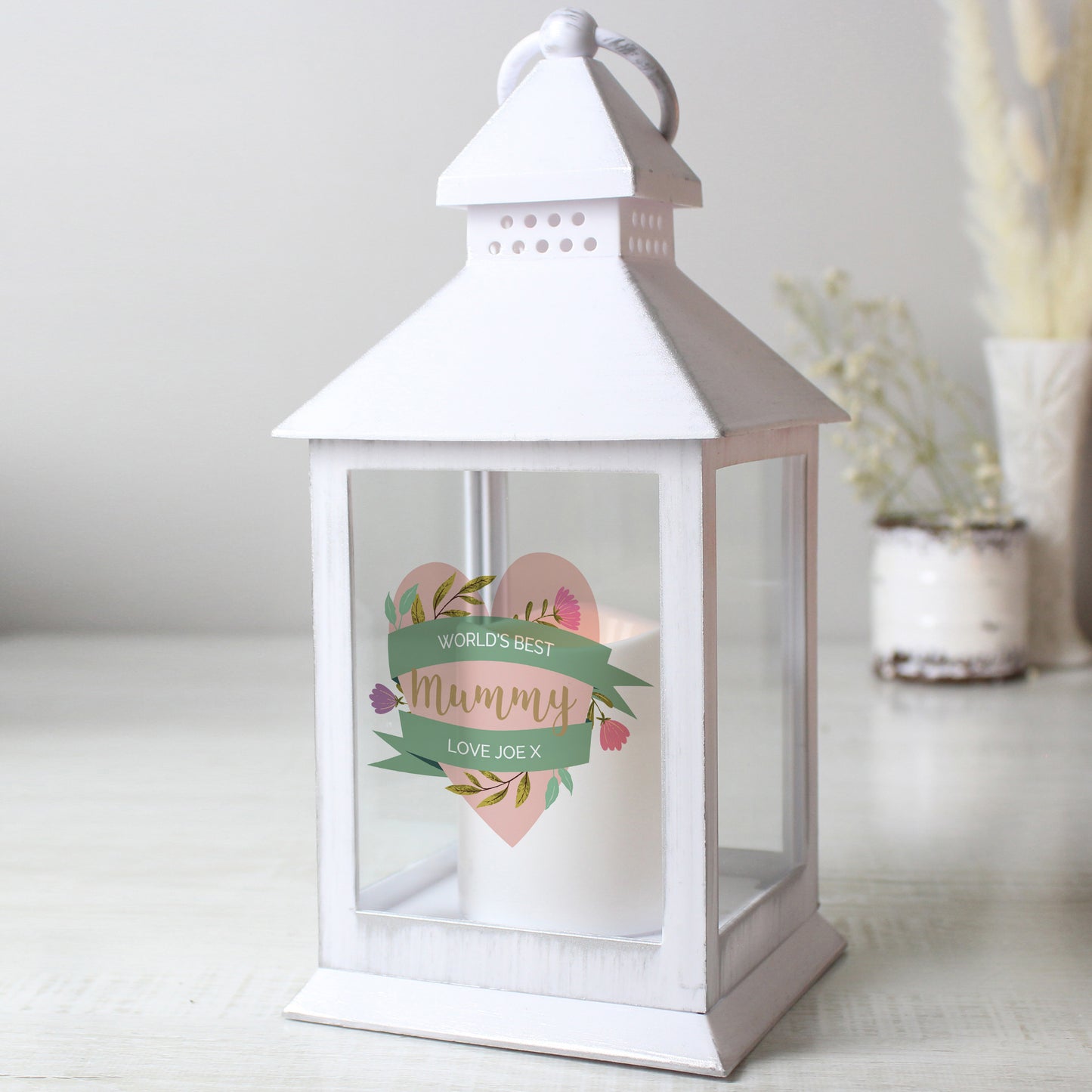 Personalised Floral Heart Mothers Day White Lantern