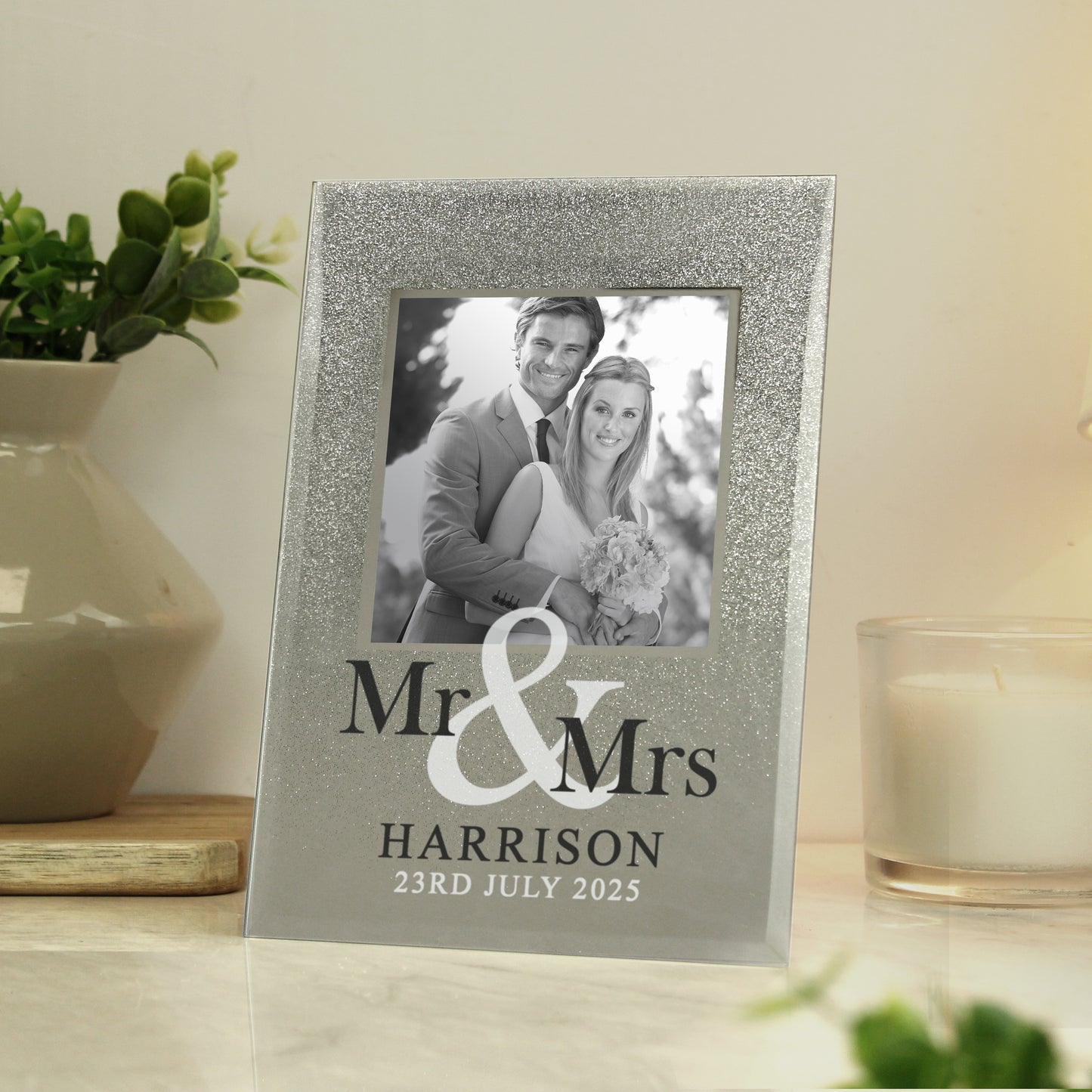 Personalised Mr & Mrs 4x4 Glitter Glass Photo Frame