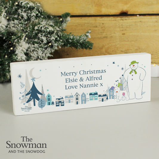 Personalised The Snowman and the Snowdog Wooden Mantel Decoration