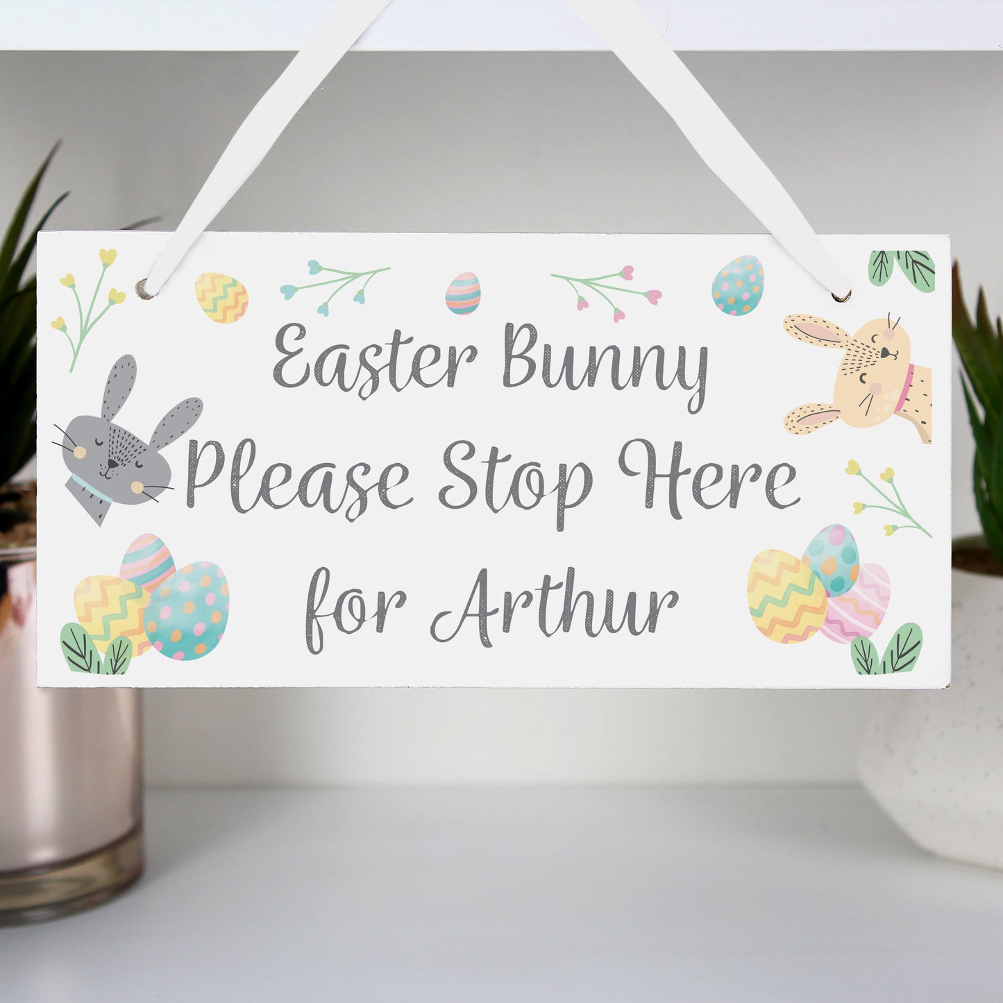 Personalised Easter Bunny Stop Here Wooden Sign