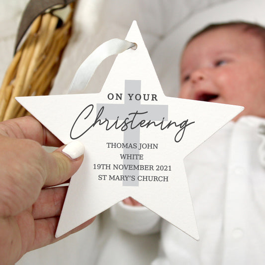 Personalised On Your Christening Wooden Star Decoration