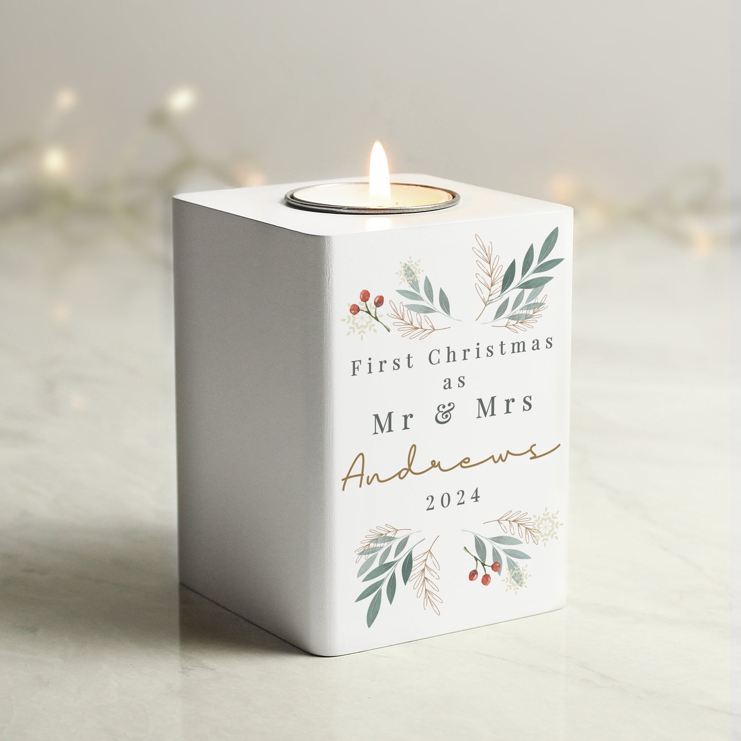 Personalised Christmas Foliage White Tealight Holder