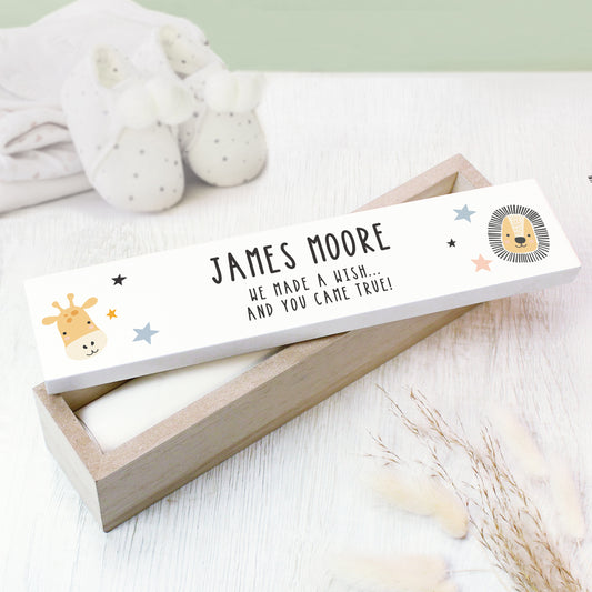 Personalised Scandi Safari Animals Wooden Birth Certificate Holder