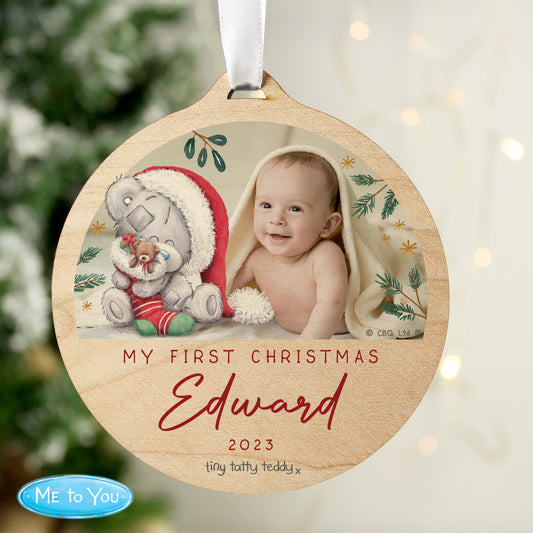 Personalised First Christmas Tiny Tatty Teddy Photo Upload Round Wooden Decoration