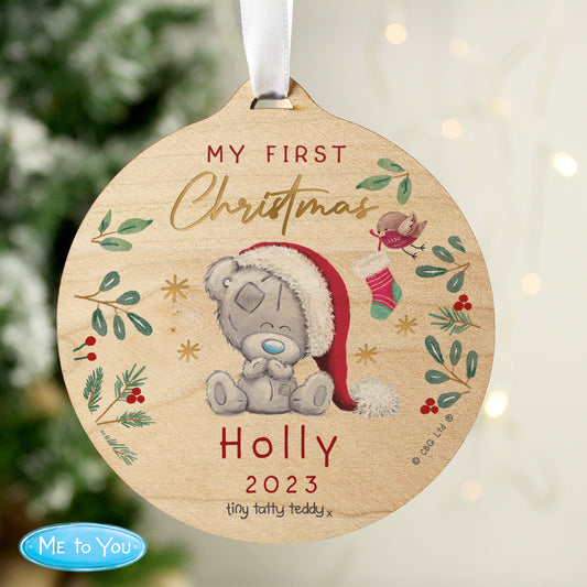 Personalised First Christmas Tiny Tatty Teddy Round Wooden Decoration