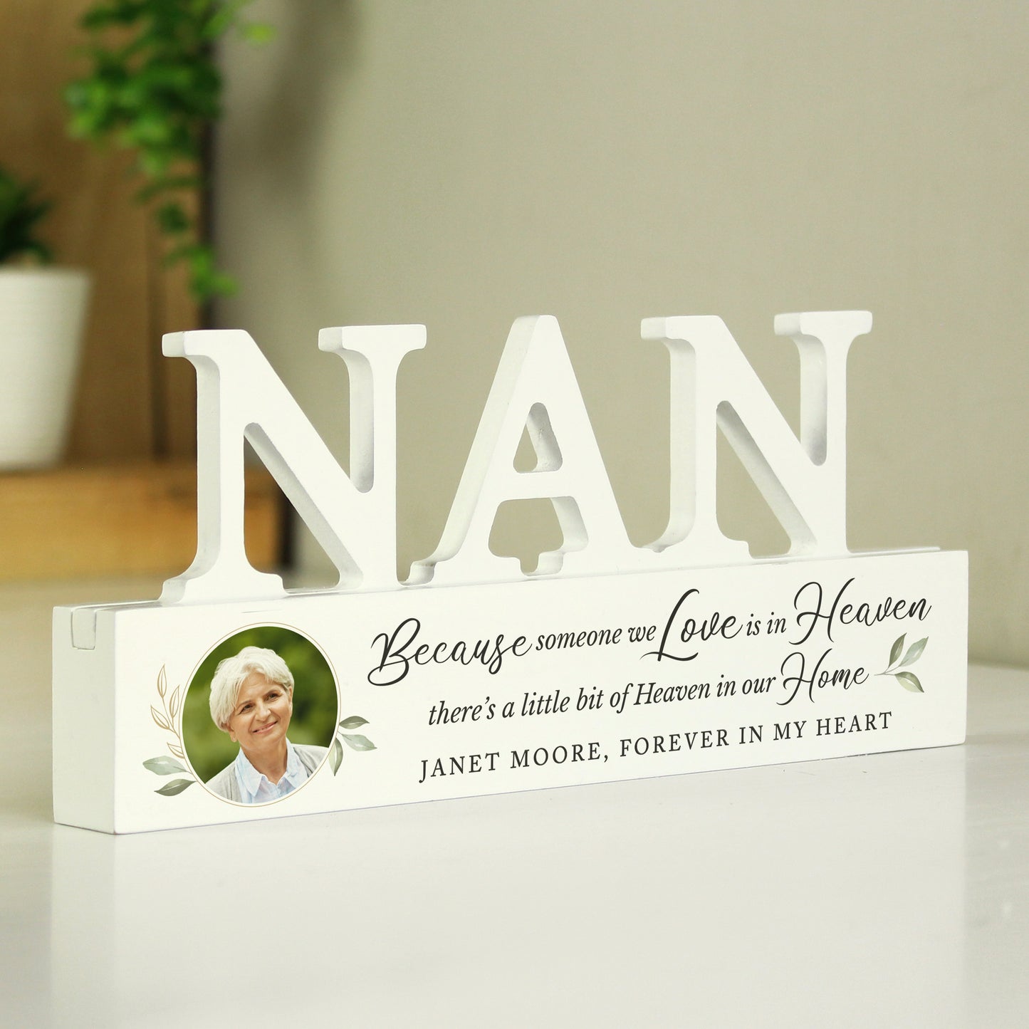 Personalised Botanical Memorial Photo Upload Wooden Nan Ornament