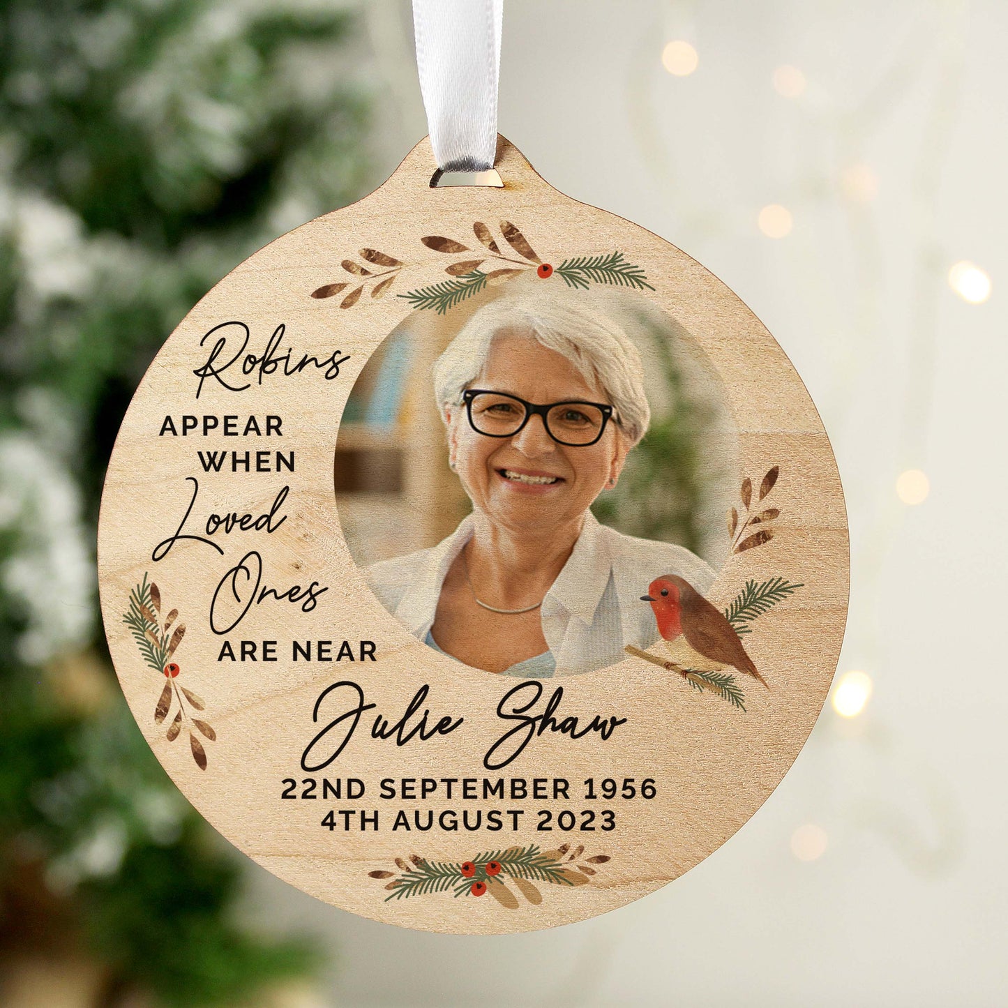 Personalised Photo Upload Robin Memorial Wooden Decoration