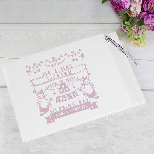 Personalised Pink Papercut Style Hardback Guest Book & Pen